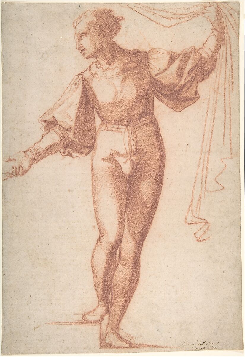 Study for a Standing Young Man, Raising a Curtain and Looking at Left, Baccio Bandinelli (Italian, Gaiole in Chianti 1493–1560 Florence), Red chalk 