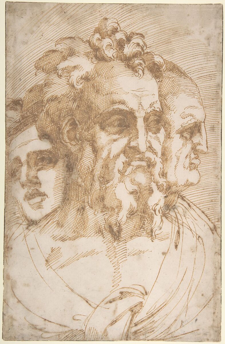 Three Male Heads, Baccio Bandinelli (Italian, Gaiole in Chianti 1493–1560 Florence), Pen and brown ink over traces of black chalk 