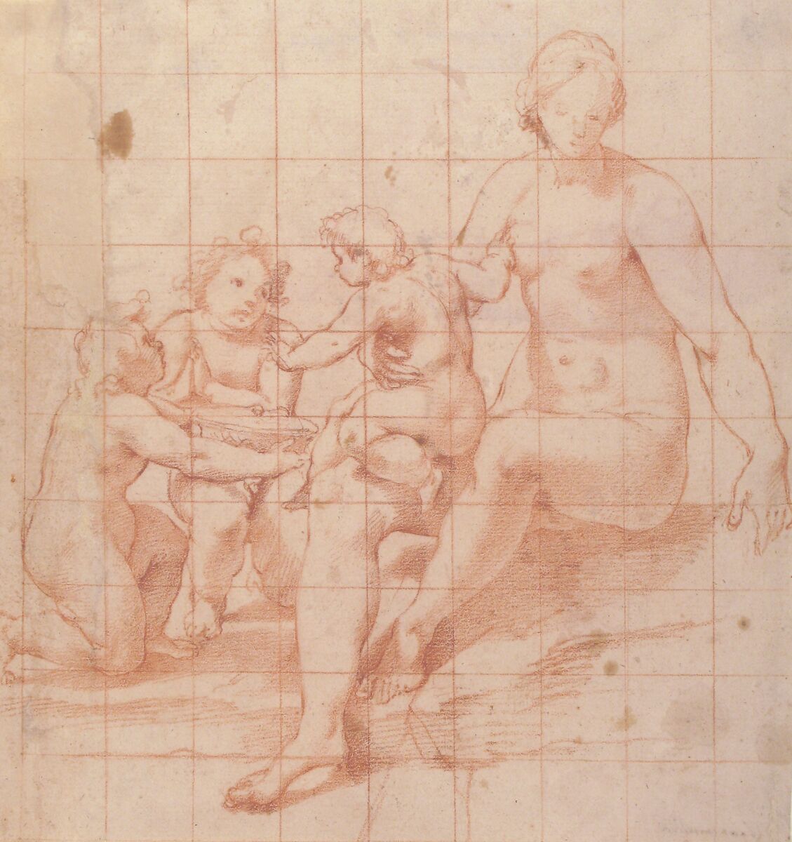 Study for a Virgin and Child with Two Angels (recto); Two Studies of Hands (verso), Attributed to Poppi (Francesco Morandini) (Italian, Poppi 1544–1597 Florence), Red chalk on off-white paper.  Recto: squared in red chalk