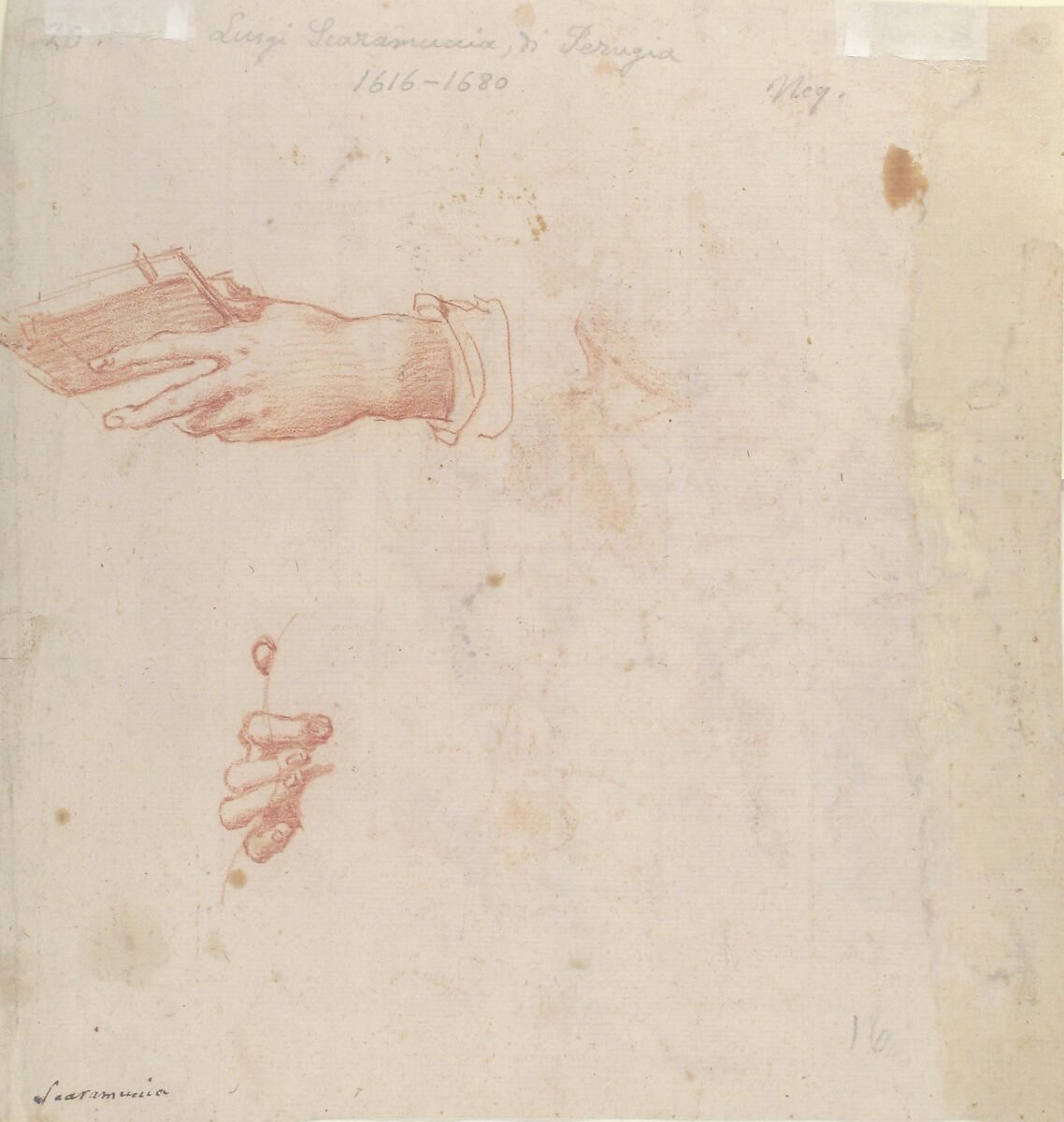 Study for a Virgin and Child with Two Angels (recto); Two Studies of Hands (verso), Attributed to Poppi (Francesco Morandini) (Italian, Poppi 1544–1597 Florence), Red chalk on off-white paper.  Recto: squared in red chalk
