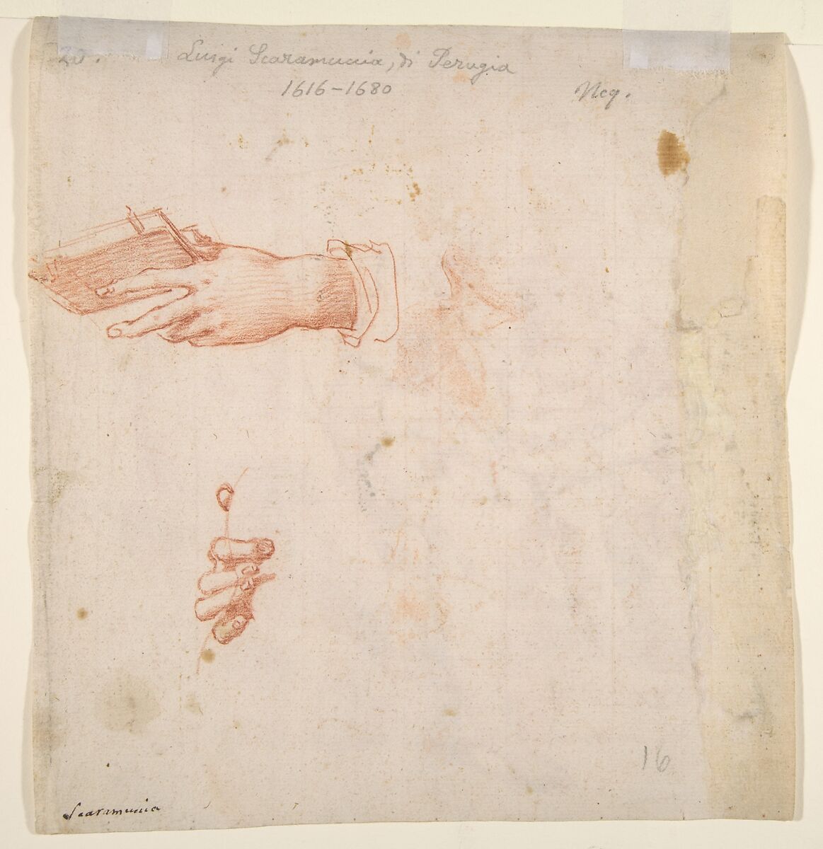Study for a Virgin and Child with Two Angels (recto); Two Studies of Hands (verso), Attributed to Poppi (Francesco Morandini) (Italian, Poppi 1544–1597 Florence), Red chalk on off-white paper.  Recto: squared in red chalk