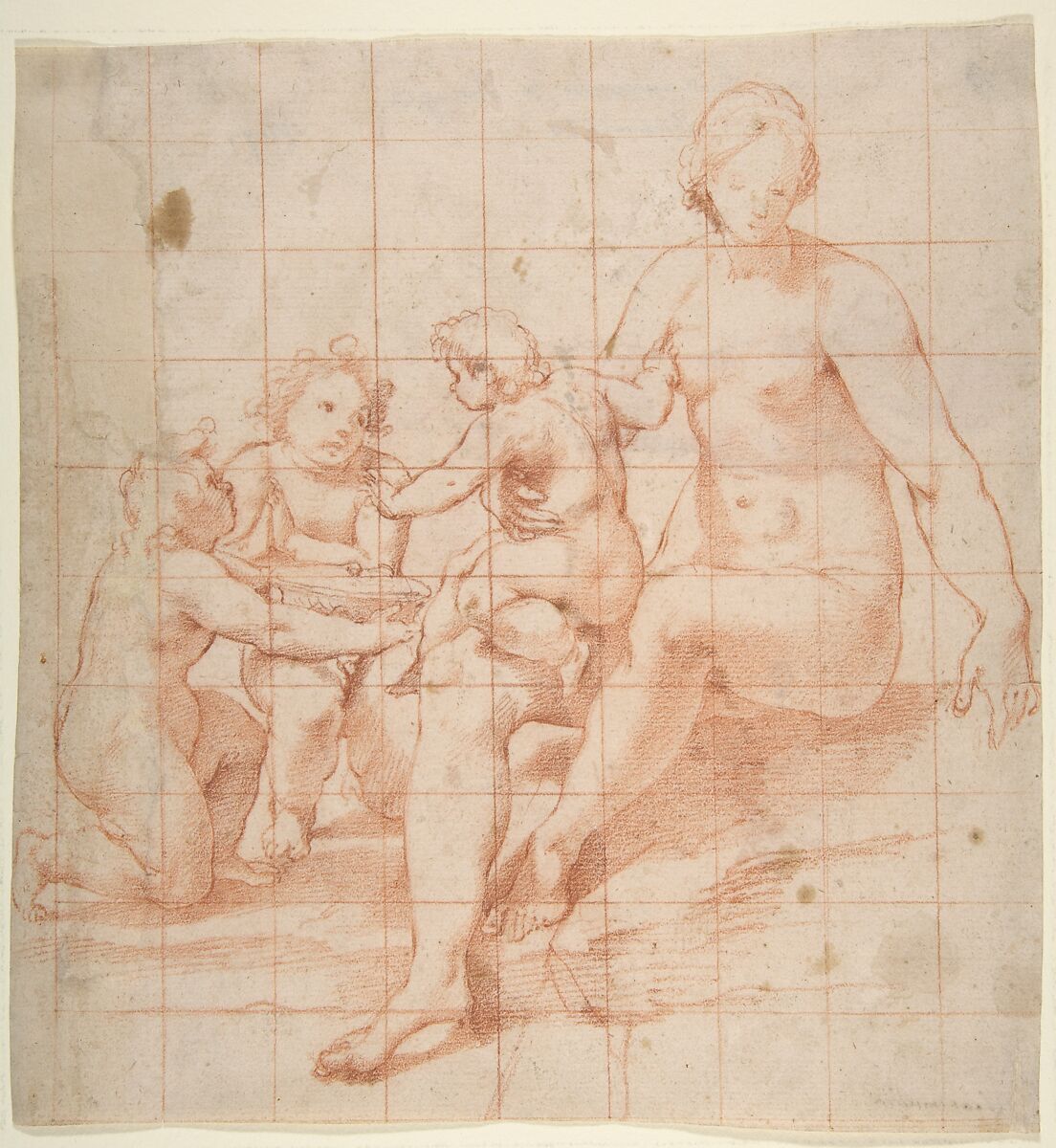 Study for a Virgin and Child with Two Angels (recto); Two Studies of Hands (verso), Attributed to Poppi (Francesco Morandini) (Italian, Poppi 1544–1597 Florence), Red chalk on off-white paper.  Recto: squared in red chalk 