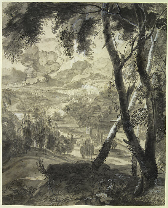 Landscape with Three Trees in the Foreground, Lucas Achtschellinck (Flemish, Brussels 1626–1699 Brussels), Graphite, with brush and gray and black wash, with body color 