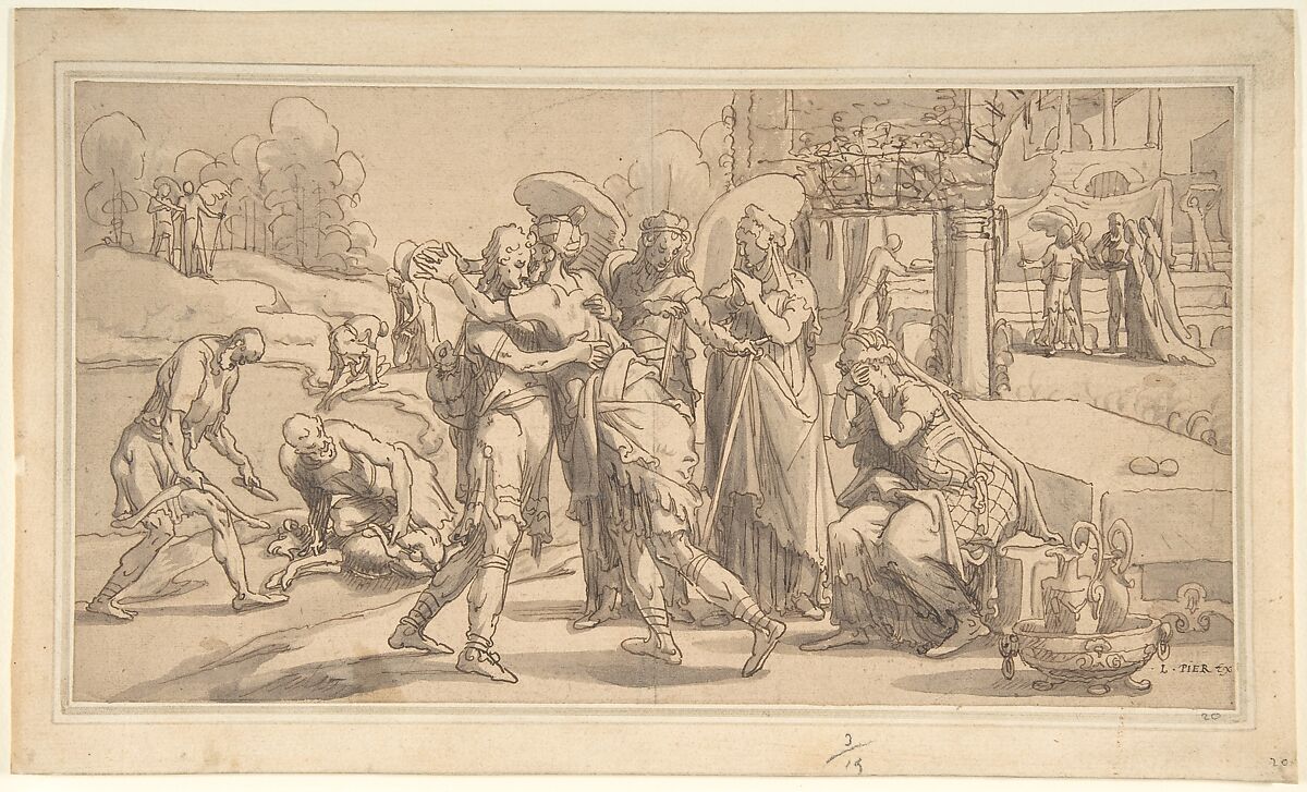 Raguel's Reception of Tobias at Ecbatana, Pieter Aertsen (Netherlandish, Amsterdam 1507/8–1575 Amsterdam), Pen and brown ink, with gray wash