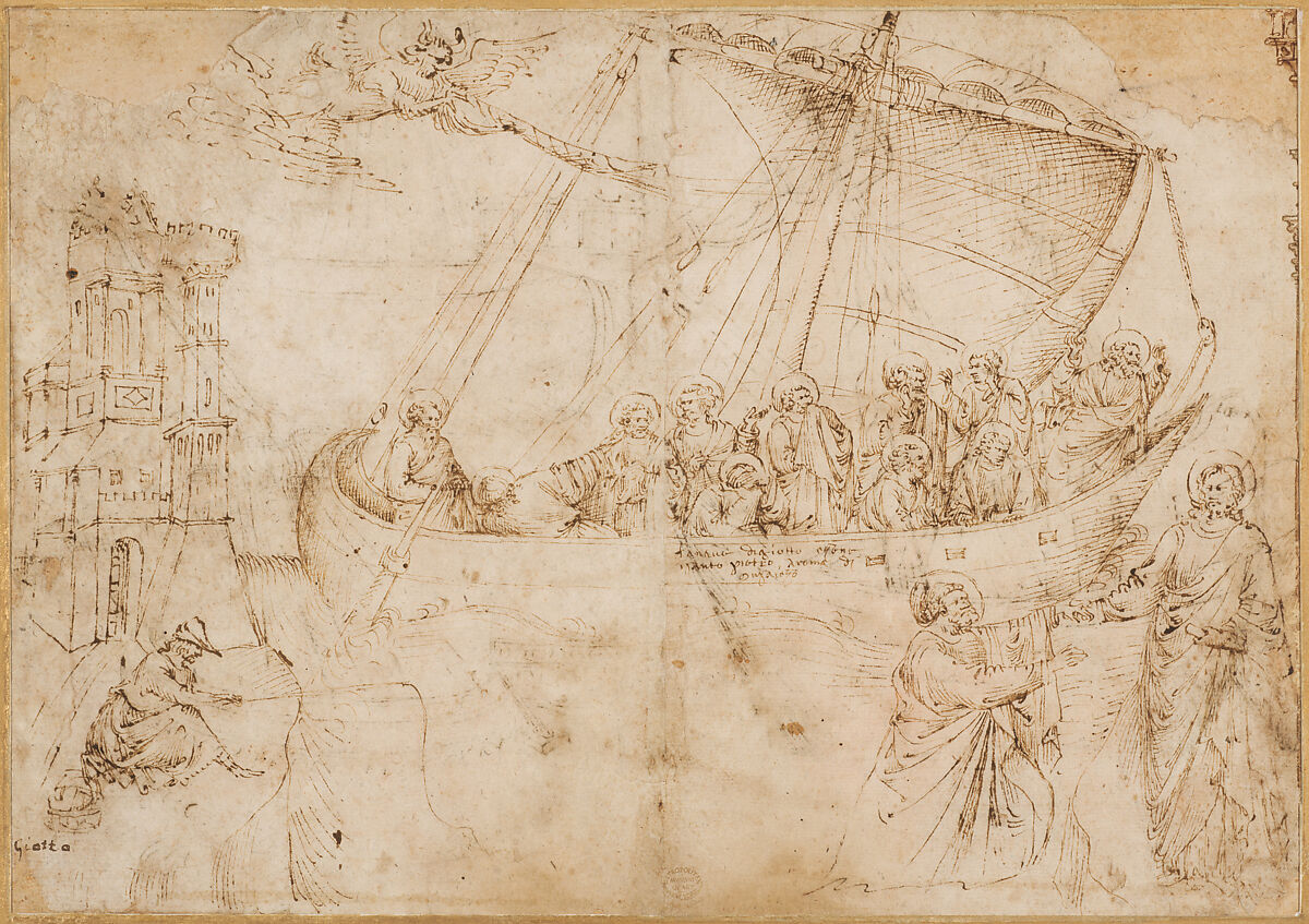 Free Copy of Giotto's "Navicella" (recto); Copy of Adam in Masaccio's "Expulsion from the Garden of Eden", and other Figure Studies (verso), Parri Spinelli (Italian, Arezzo 1387–1453 Arezzo) (recto), Pen and brown ink (recto and verso). glued onto a secondary backing sheet of paper drawn in pen and brown ink, over black chalk