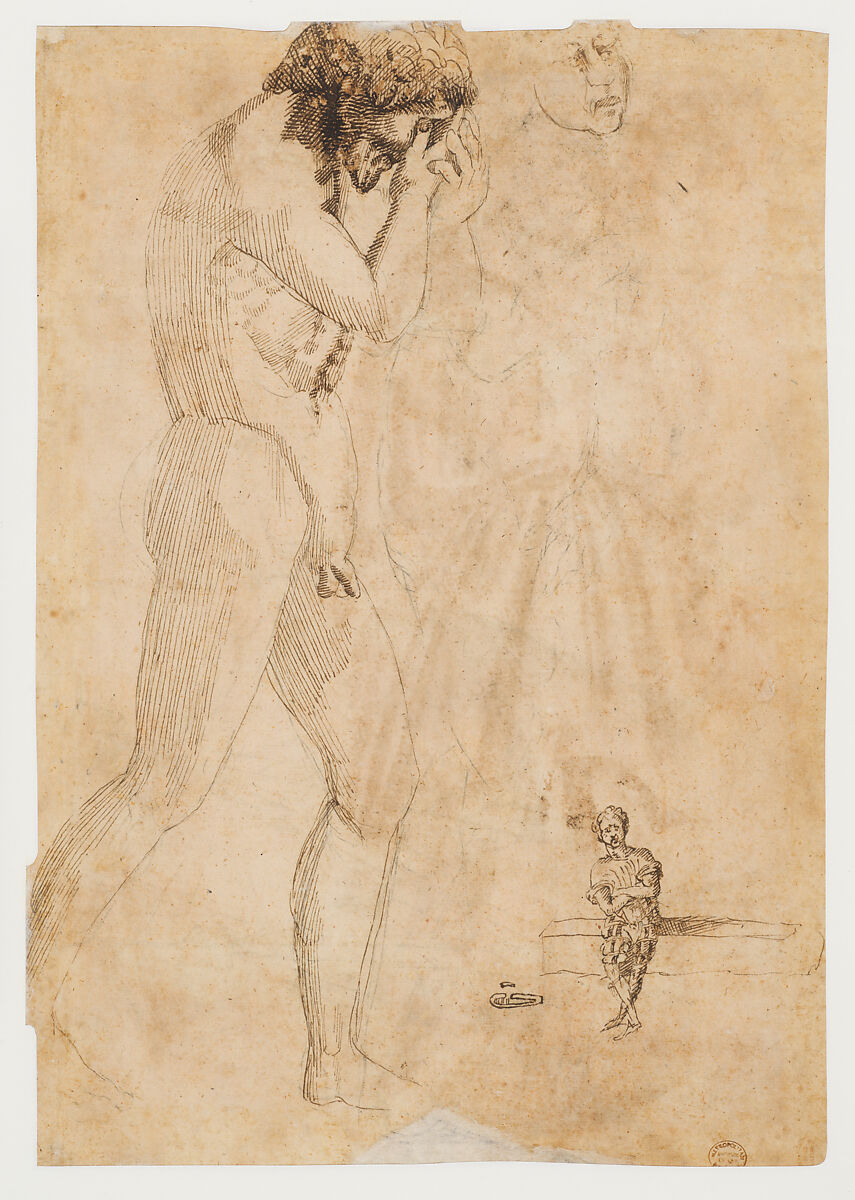 Free Copy of Giotto's "Navicella" (recto); Copy of Adam in Masaccio's "Expulsion from the Garden of Eden", and other Figure Studies (verso), Parri Spinelli (Italian, Arezzo 1387–1453 Arezzo) (recto), Pen and brown ink (recto and verso). glued onto a secondary backing sheet of paper drawn in pen and brown ink, over black chalk