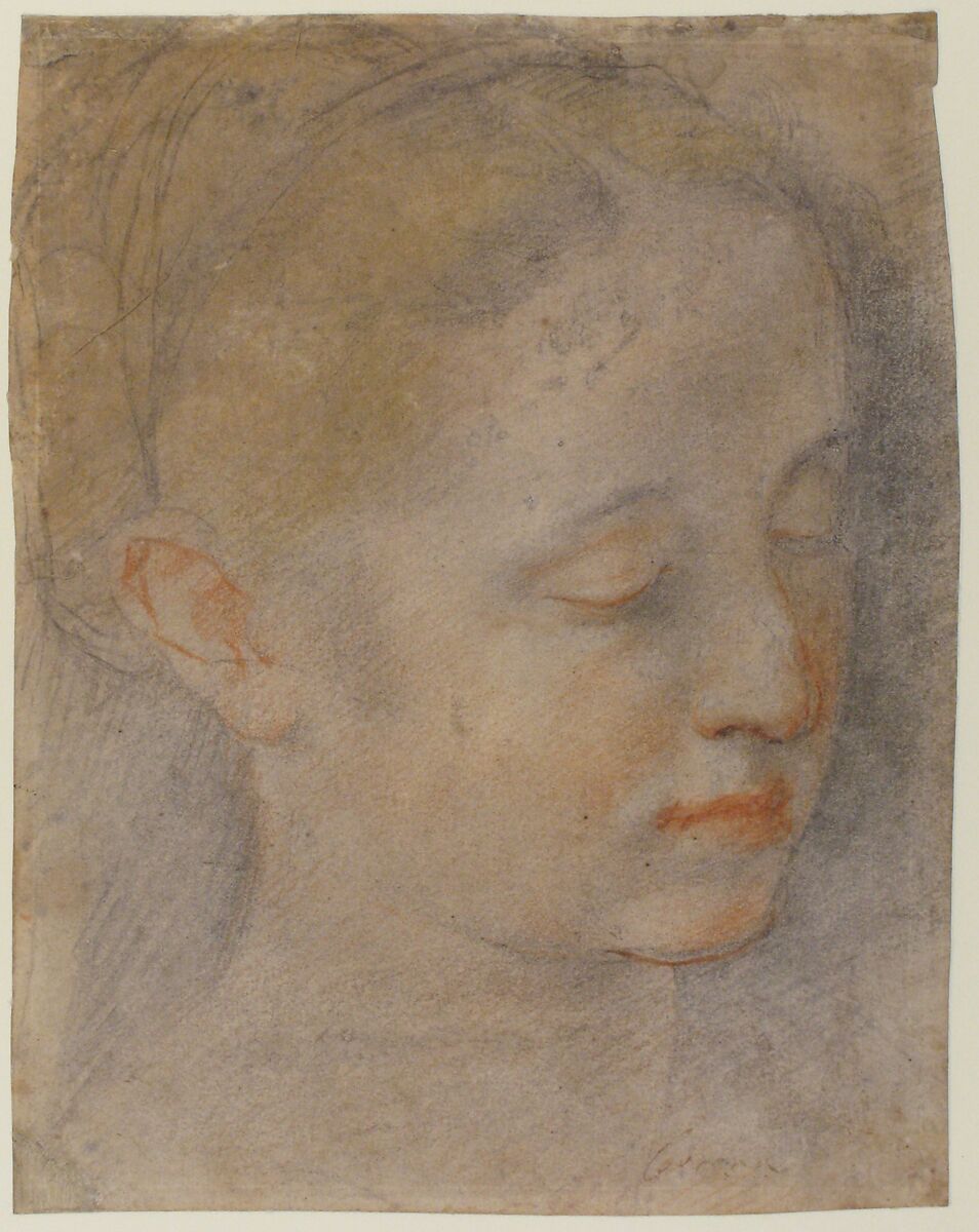 Head of a Young Woman Looking to Lower Right, Federico Barocci (Italian, Urbino ca. 1535–1612 Urbino), Black, red, and yellow chalk