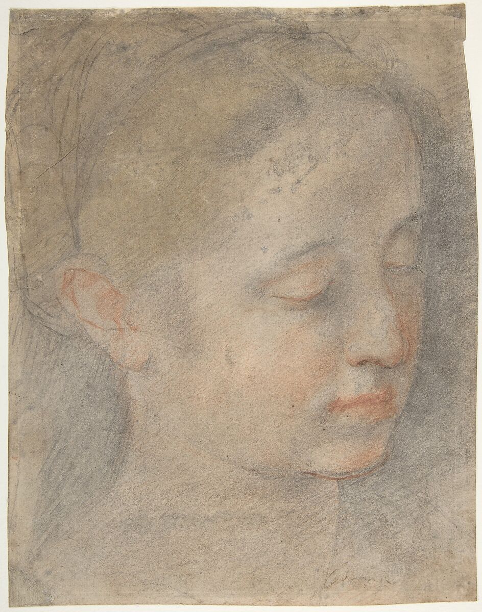 Head of a Young Woman Looking to Lower Right, Federico Barocci (Italian, Urbino ca. 1535–1612 Urbino), Black, red, and yellow chalk 