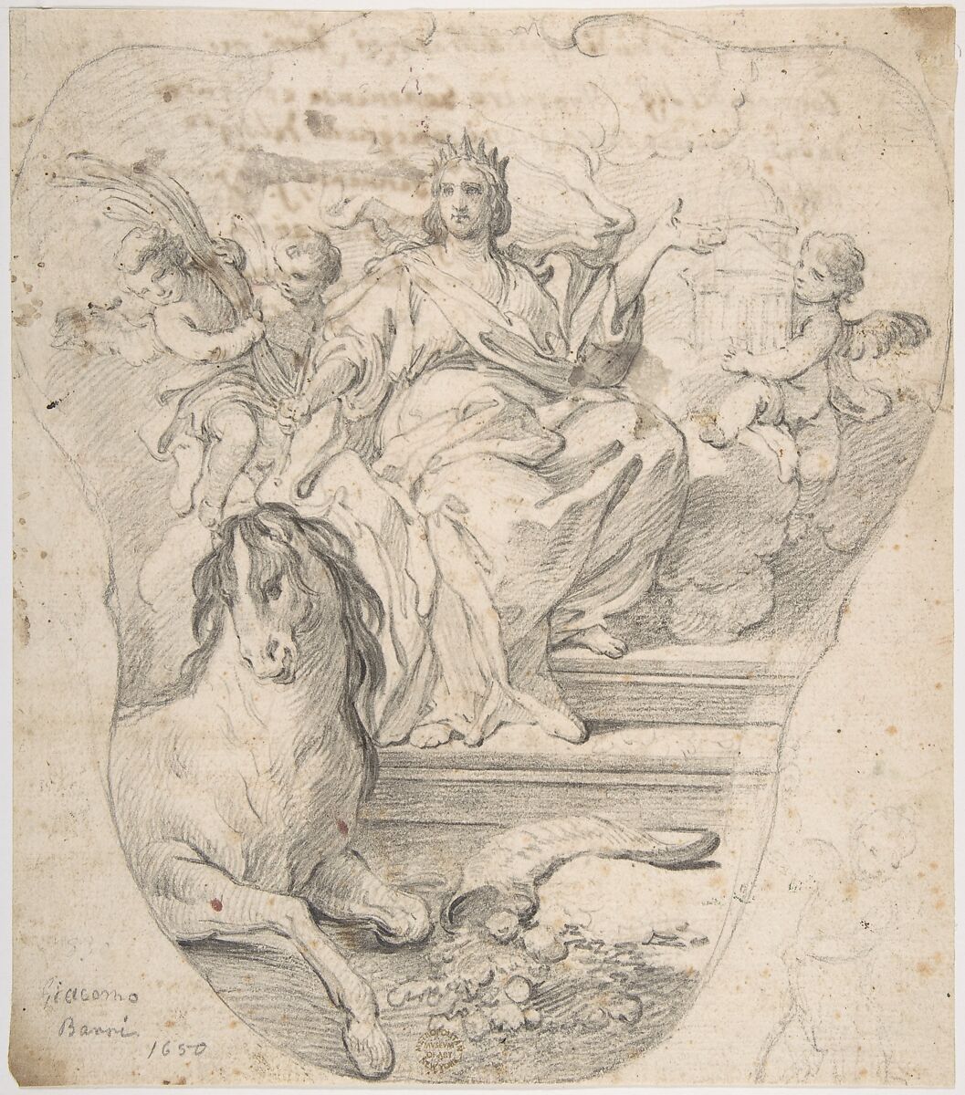 Design for Panel:  Allegory of Europe, from the Four Continents, Giacomo Barri (Italian, documented Venice after 1630–1689 Venice), Black chalk 