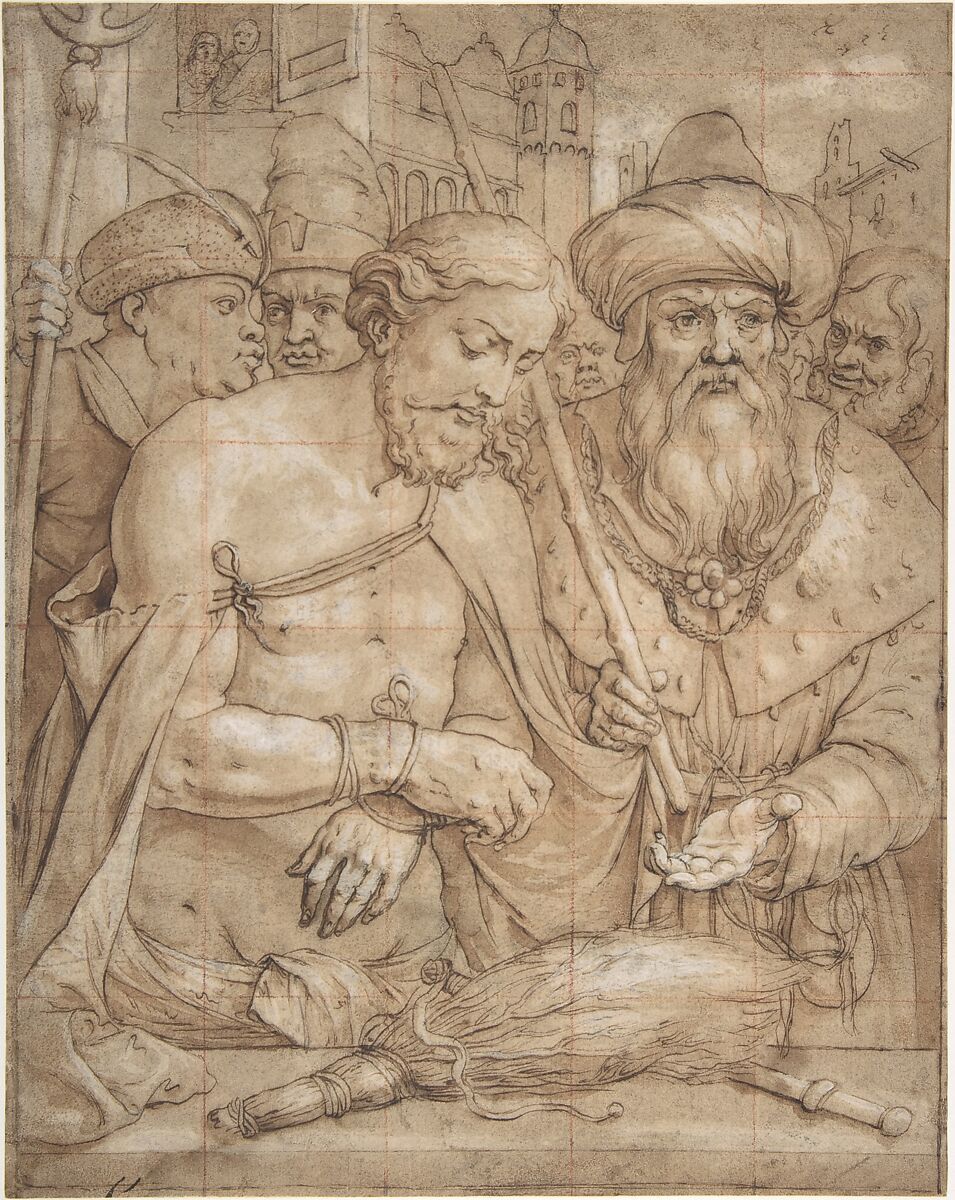 Christ Presented to the People, Georg Vischer (German, Riedlingen ca. 1595–ca. 1637 Munich (?)), Pen and brown ink and brown wash with white heightening; squared in red chalk 