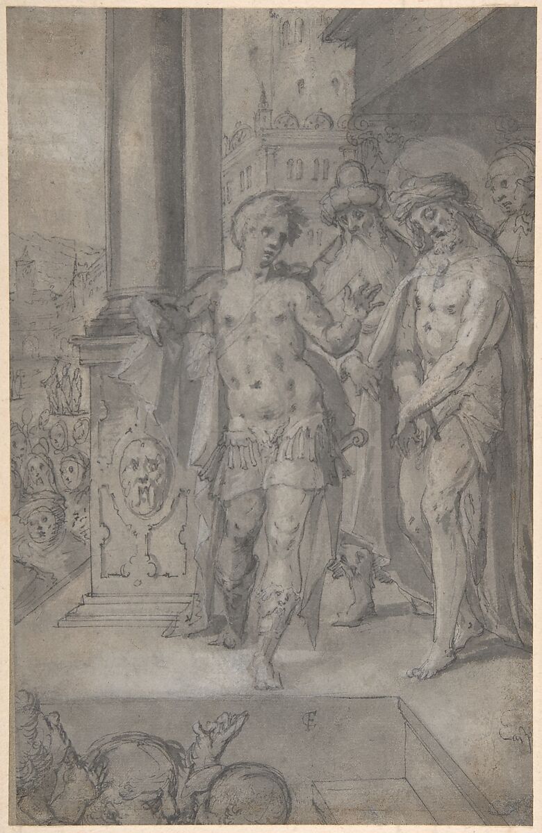 Christ Presented to the People, Caspar Fraisinger (German, Ochsenhausen near Biberach ca. 1560–1599 Ingolstadt), Pen and gray ink and gray wash, with white heightening 