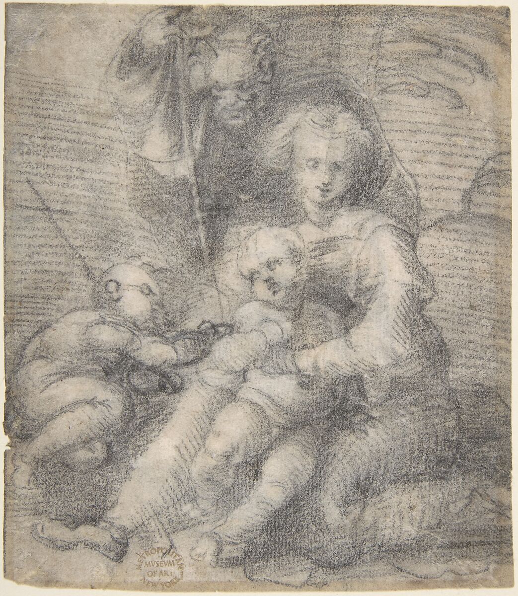 The Holy Family with Saint John the Baptist, Workshop of Fra Bartolomeo (Bartolomeo di Paolo del Fattorino) (Italian, Florence 1473–1517 Florence), Black chalk 