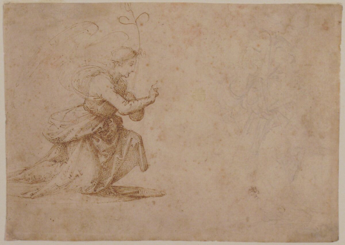 The Annunciation (recto); Faint View of Buildings (verso), Fra Bartolomeo (Bartolomeo di Paolo del Fattorino) (Italian, Florence 1473–1517 Florence), Pen and brown ink (kneeling angel at left), faint black chalk (the hardly legible standing figure of the Virgin at right) (recto); faint view of buildings in pen and brown ink (verso)
