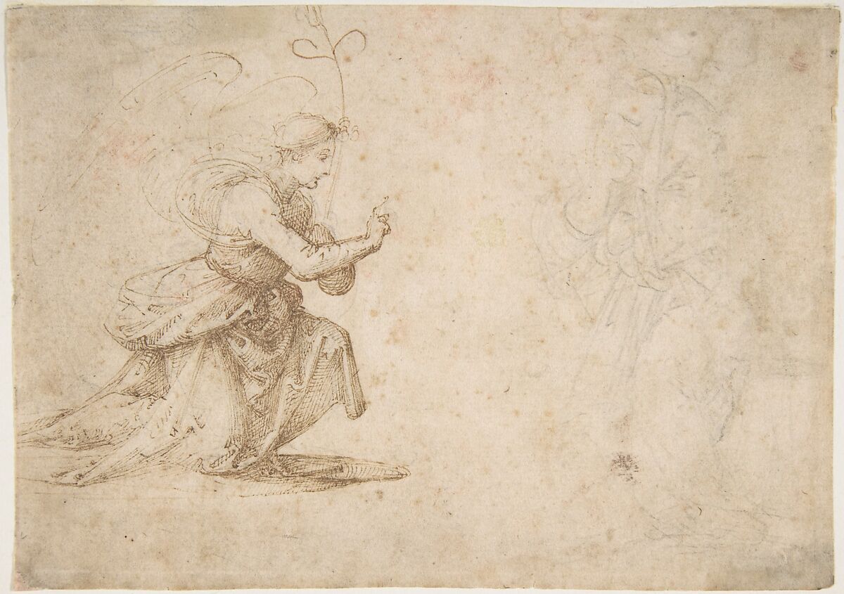 The Annunciation (recto); Faint View of Buildings (verso), Fra Bartolomeo (Bartolomeo di Paolo del Fattorino) (Italian, Florence 1473–1517 Florence), Pen and brown ink (kneeling angel at left), faint black chalk (the hardly legible standing figure of the Virgin at right) (recto); faint view of buildings in pen and brown ink (verso) 