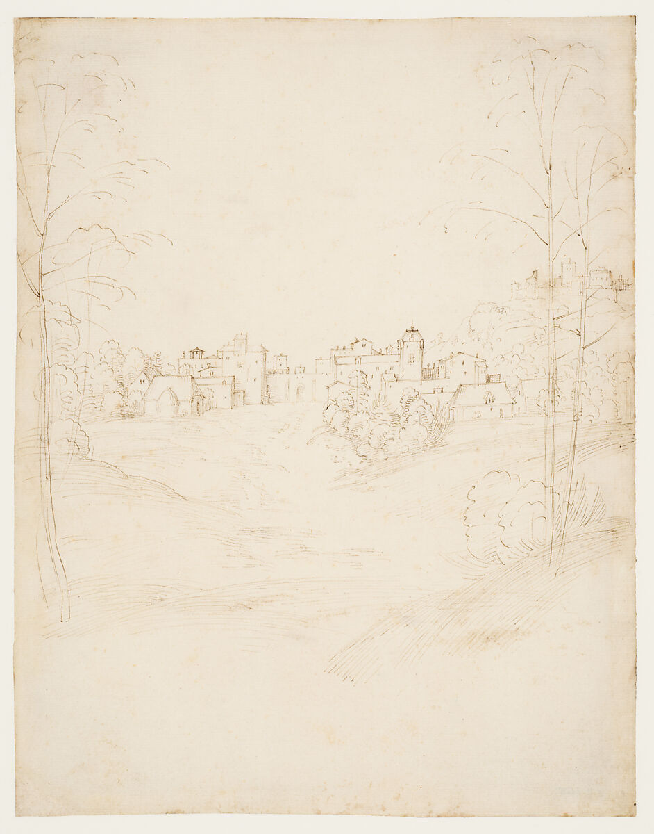 A Small Town on the Crest of a Slope, Fra Bartolomeo (Bartolomeo di Paolo del Fattorino) (Italian, Florence 1473–1517 Florence), Pen and brown ink 
