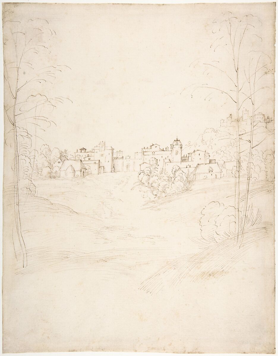 A Small Town on the Crest of a Slope, Fra Bartolomeo (Bartolomeo di Paolo del Fattorino) (Italian, Florence 1473–1517 Florence), Pen and brown ink