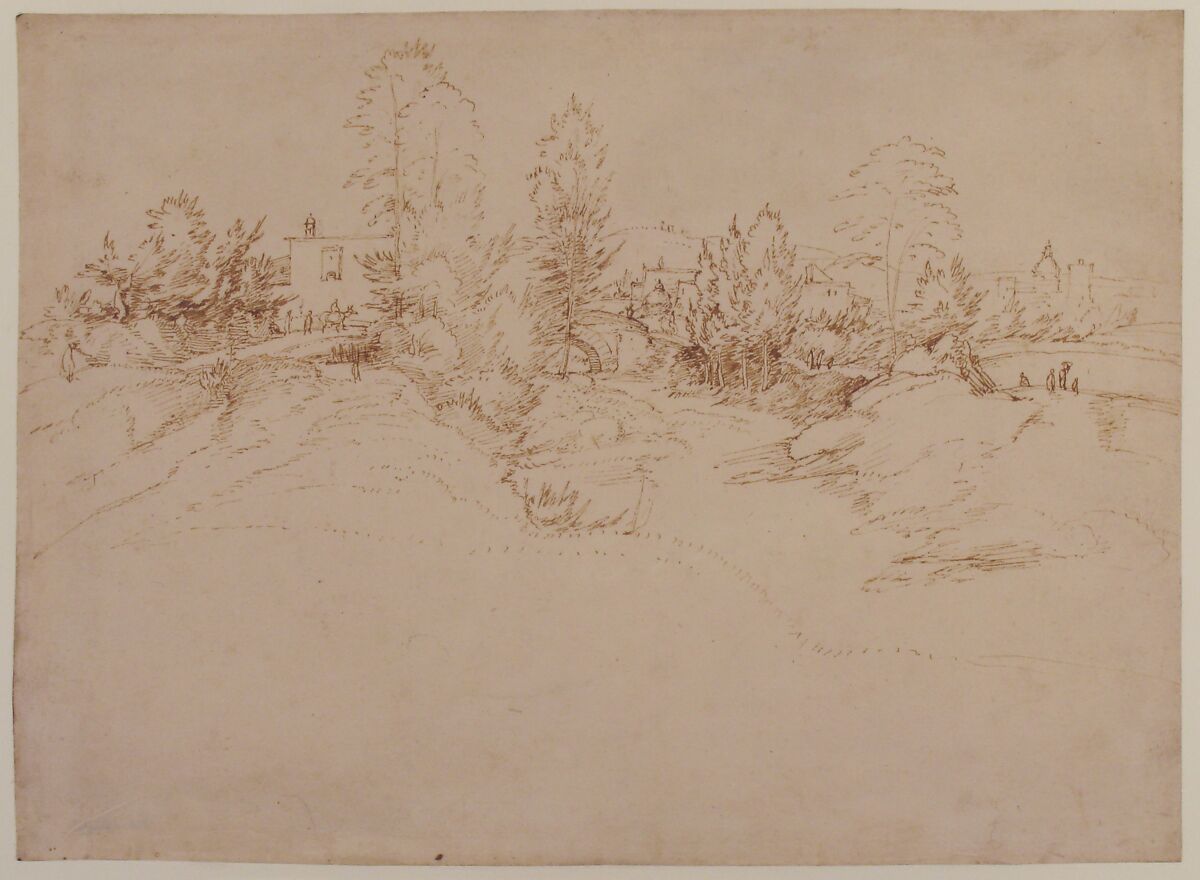 Landscape (Wooded Approach to a Town), Fra Bartolomeo (Bartolomeo di Paolo del Fattorino) (Italian, Florence 1473–1517 Florence), Pen and brown ink