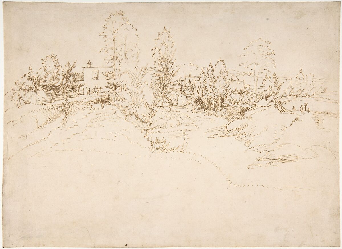 Landscape (Wooded Approach to a Town), Fra Bartolomeo (Bartolomeo di Paolo del Fattorino) (Italian, Florence 1473–1517 Florence), Pen and brown ink 