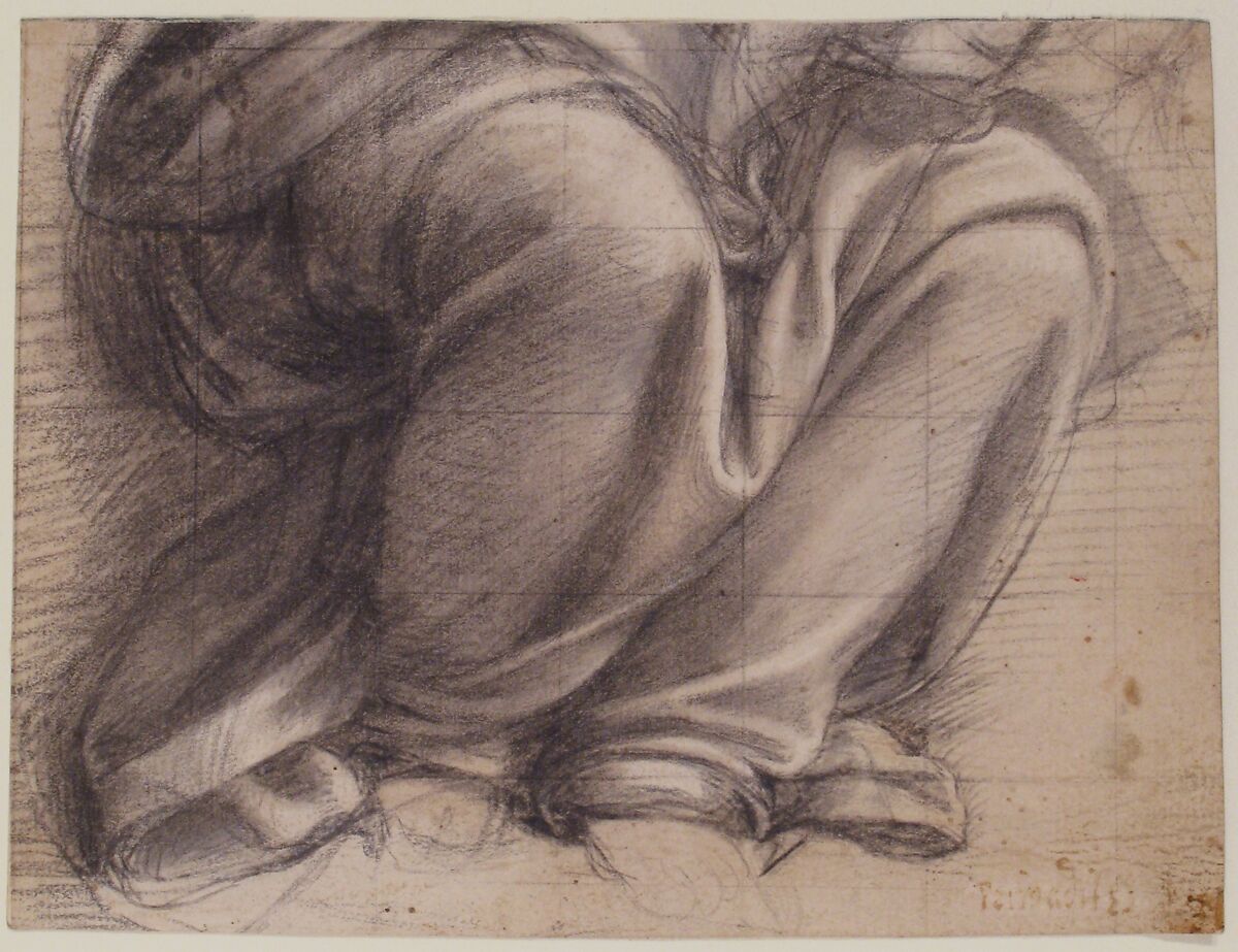 Study of Drapery over the Knees of a Seated Figure, Fra Bartolomeo (Bartolomeo di Paolo del Fattorino) (Italian, Florence 1473–1517 Florence) (?), Black chalk, highlighted with white; squared in black chalk