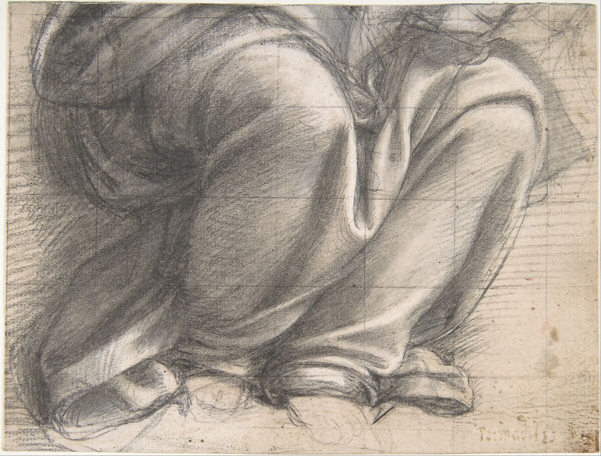 Study of Drapery over the Knees of a Seated Figure, Fra Bartolomeo (Bartolomeo di Paolo del Fattorino) (Italian, Florence 1473–1517 Florence) (?), Black chalk, highlighted with white; squared in black chalk 