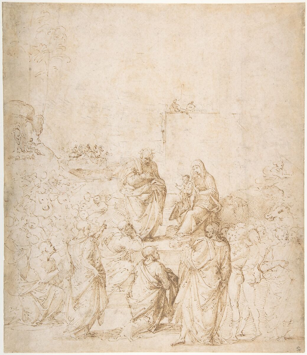 The Adoration of the Magi, Fra Bartolomeo (Bartolomeo di Paolo del Fattorino) (Italian, Florence 1473–1517 Florence) (?), Pen and brown ink, over traces of black chalk 