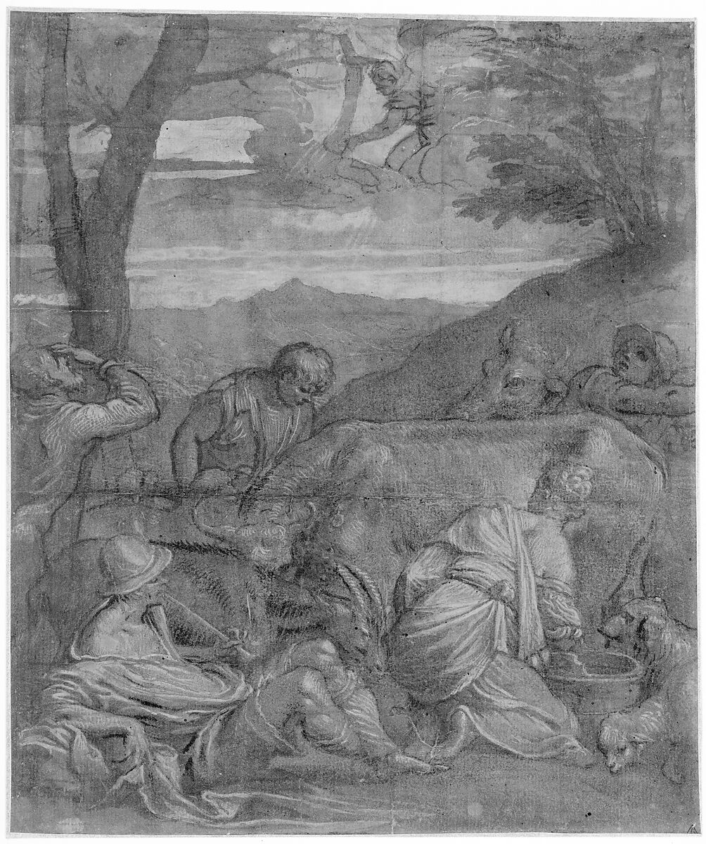 The Annunciation to the Shepherds, Attributed to Jacopo Bassano (Jacopo da Ponte) (Italian, Bassano del Grappa ca. 1510–1592 Bassano del Grappa), Pen and brown ink, brush and brown wash, highlighted with white, on green-washed paper