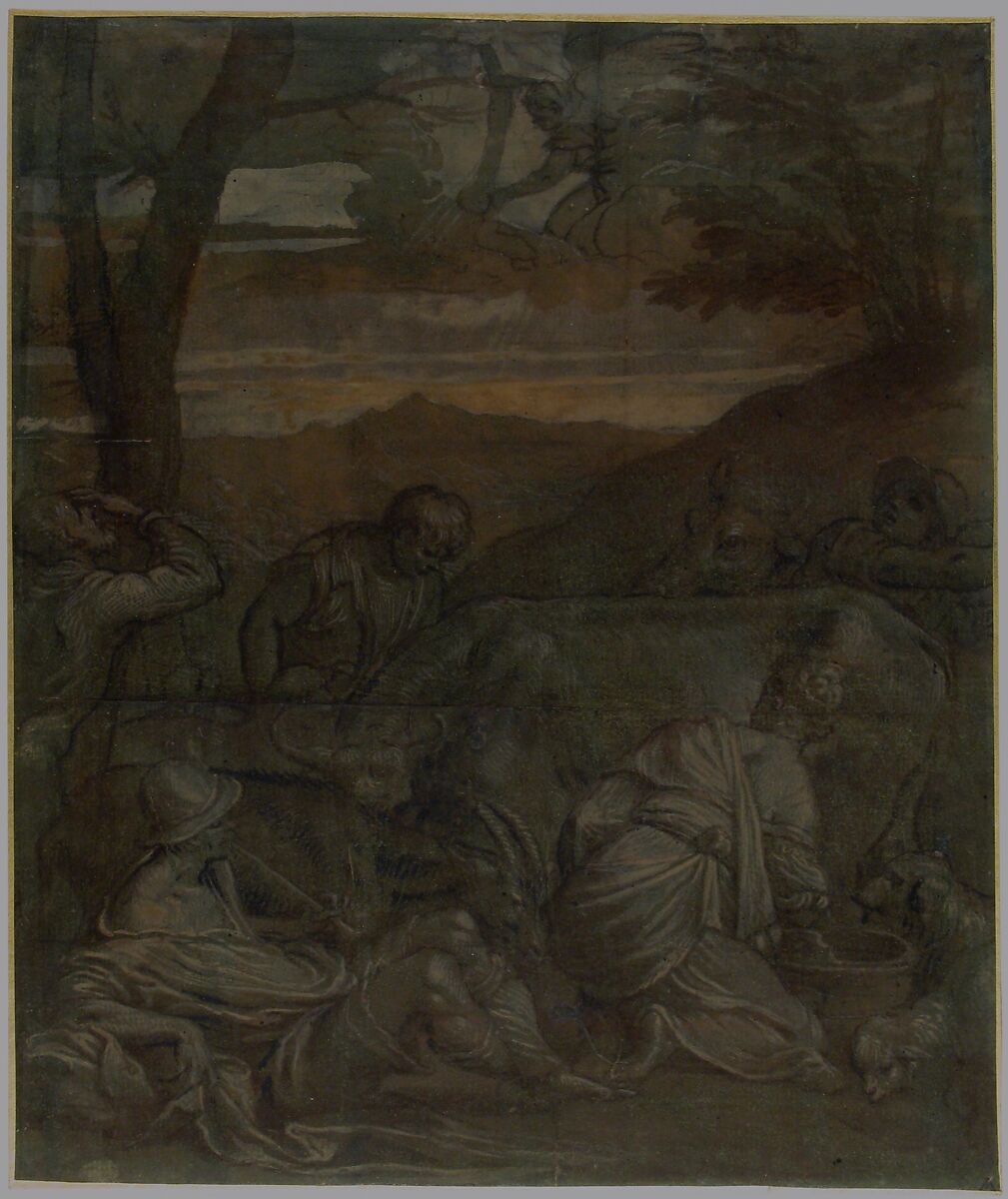 The Annunciation to the Shepherds, Attributed to Jacopo Bassano (Jacopo da Ponte) (Italian, Bassano del Grappa ca. 1510–1592 Bassano del Grappa), Pen and brown ink, brush and brown wash, highlighted with white, on green-washed paper