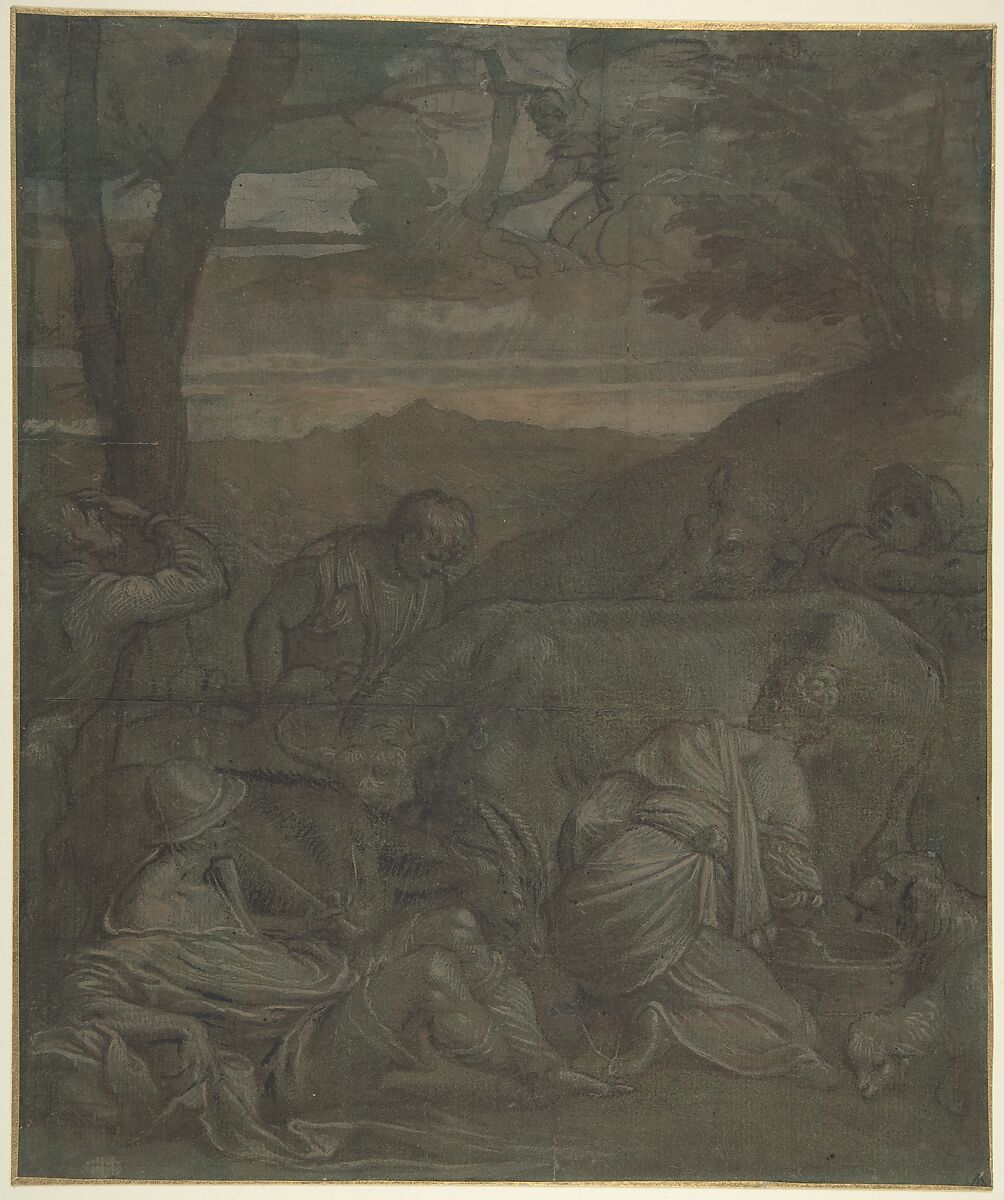 The Annunciation to the Shepherds, Attributed to Jacopo Bassano (Jacopo da Ponte) (Italian, Bassano del Grappa ca. 1510–1592 Bassano del Grappa), Pen and brown ink, brush and brown wash, highlighted with white, on green-washed paper 
