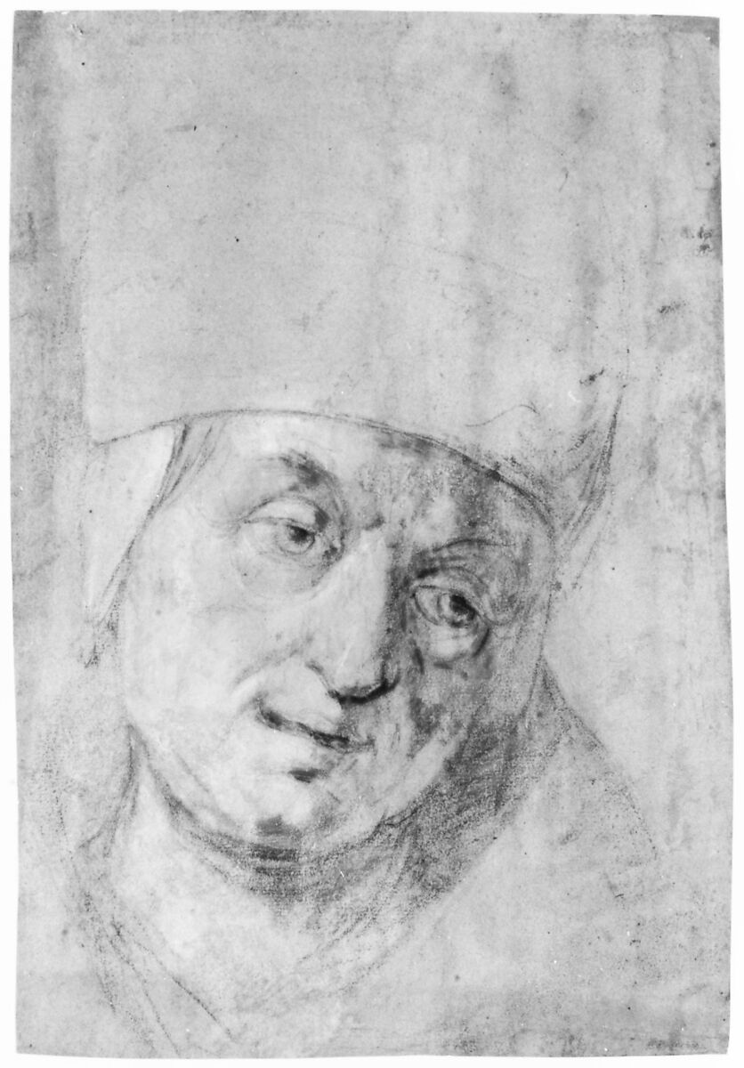 Head of a Pope(?) (recto); Two Studies of Left Hand (verso), Ascribed to Jacopo Bassano (Jacopo da Ponte) (Italian, Bassano del Grappa ca. 1510–1592 Bassano del Grappa), Black and colored chalks on blue paper (recto); black chalk (verso)