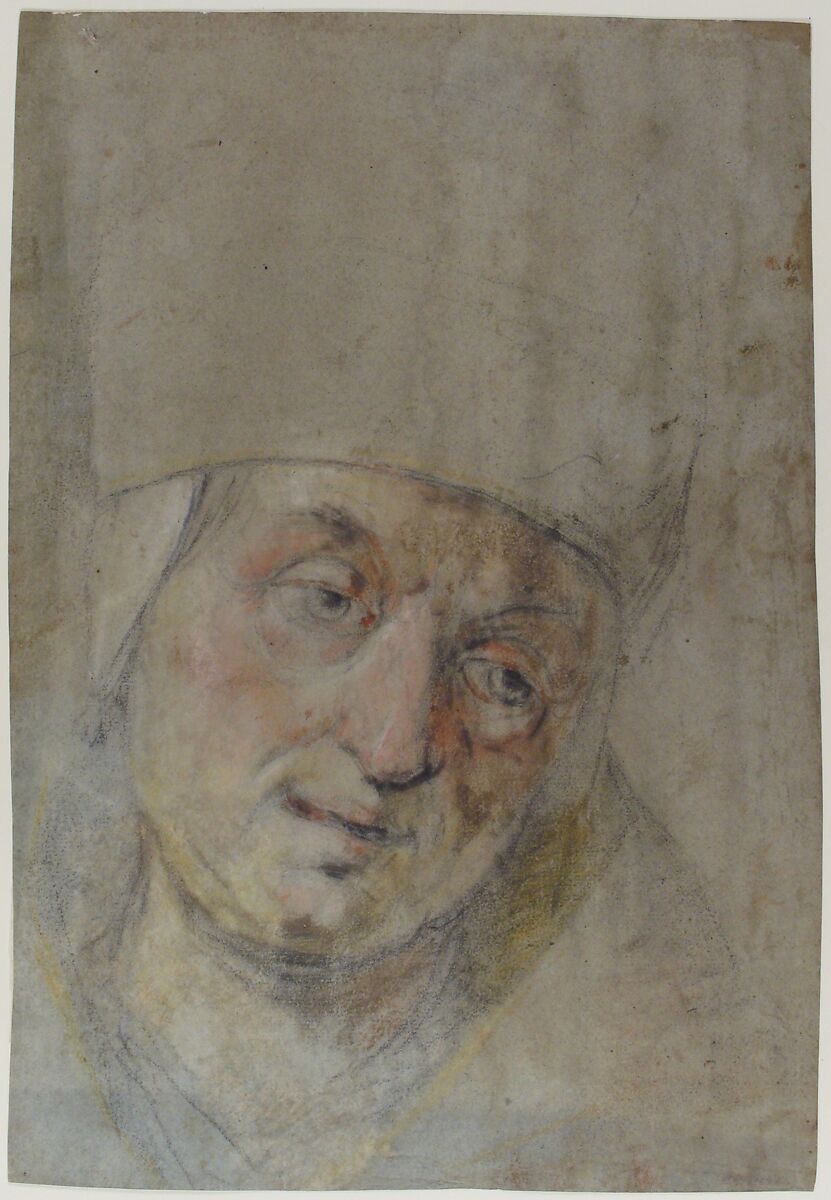 Head of a Pope(?) (recto); Two Studies of Left Hand (verso), Ascribed to Jacopo Bassano (Jacopo da Ponte) (Italian, Bassano del Grappa ca. 1510–1592 Bassano del Grappa), Black and colored chalks on blue paper (recto); black chalk (verso)