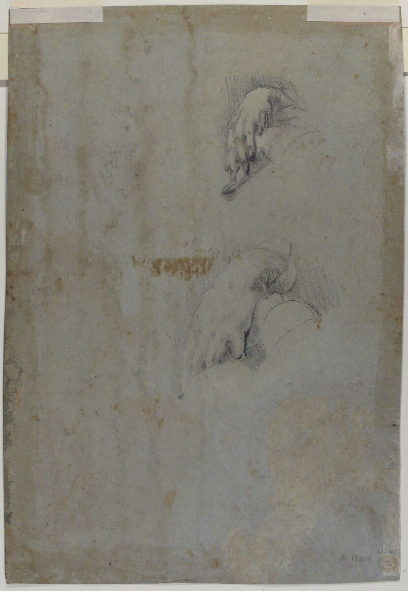 Head of a Pope(?) (recto); Two Studies of Left Hand (verso), Ascribed to Jacopo Bassano (Jacopo da Ponte) (Italian, Bassano del Grappa ca. 1510–1592 Bassano del Grappa), Black and colored chalks on blue paper (recto); black chalk (verso)