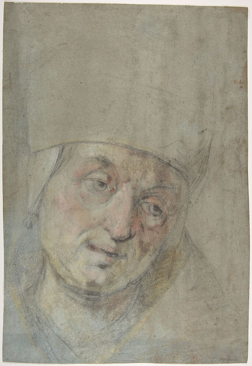 Head of a Pope(?) (recto); Two Studies of Left Hand (verso), Ascribed to Jacopo Bassano (Jacopo da Ponte) (Italian, Bassano del Grappa ca. 1510–1592 Bassano del Grappa), Black and colored chalks on blue paper (recto); black chalk (verso) 