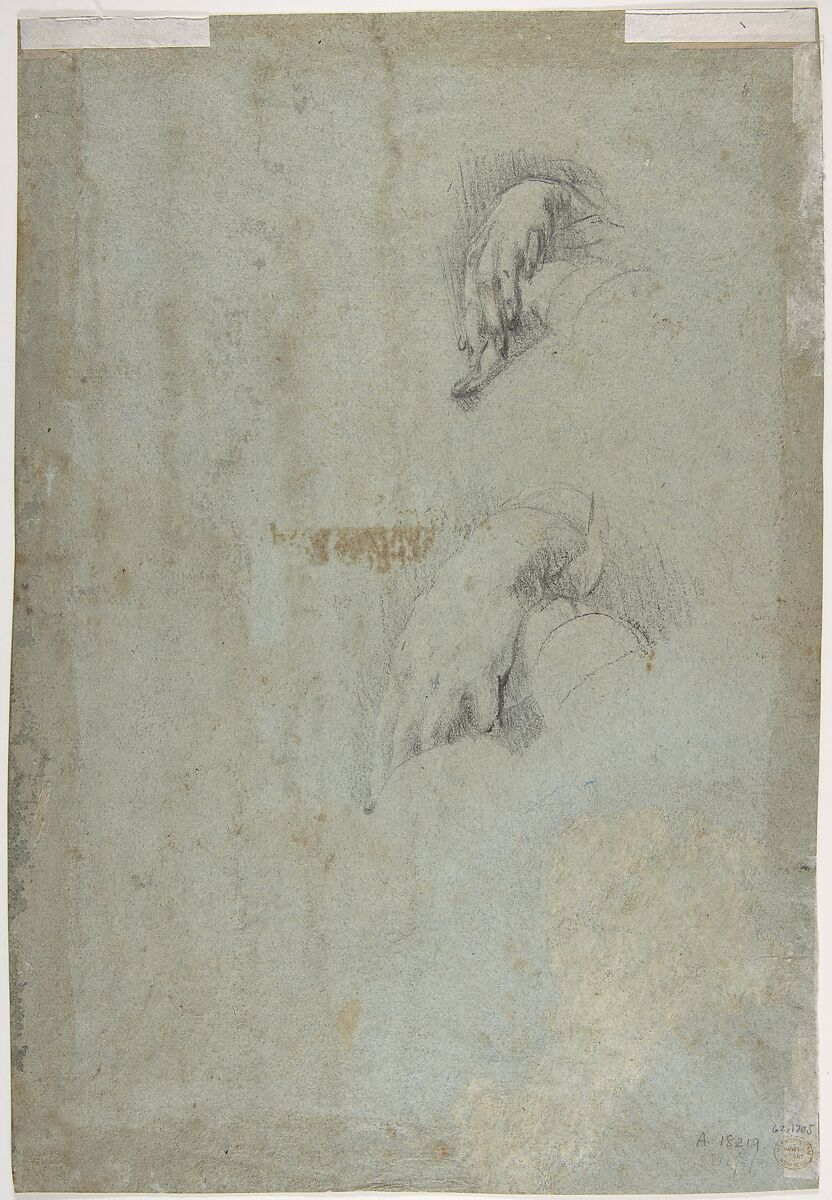 Head of a Pope(?) (recto); Two Studies of Left Hand (verso), Ascribed to Jacopo Bassano (Jacopo da Ponte) (Italian, Bassano del Grappa ca. 1510–1592 Bassano del Grappa), Black and colored chalks on blue paper (recto); black chalk (verso)