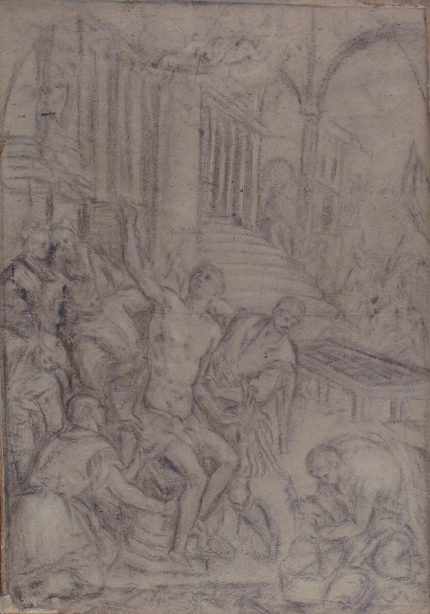 The Martyrdom of Saint Lawrence, Leandro Bassano (Italian, Bassano del Grappa 1557–1622 Venice), Black chalk, highlighted with  traces of white chalk, on blue-gray paper