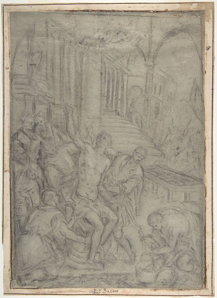 The Martyrdom of Saint Lawrence, Leandro Bassano (Italian, Bassano del Grappa 1557–1622 Venice), Black chalk, highlighted with  traces of white chalk, on blue-gray paper 