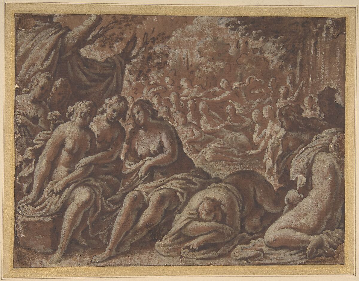 Nymphs Bathing, Marcantonio Bassetti (Italian, Verona 1586–1630 Verona), Brush and brown wash, heightened with white oil paint, on brown-washed paper 