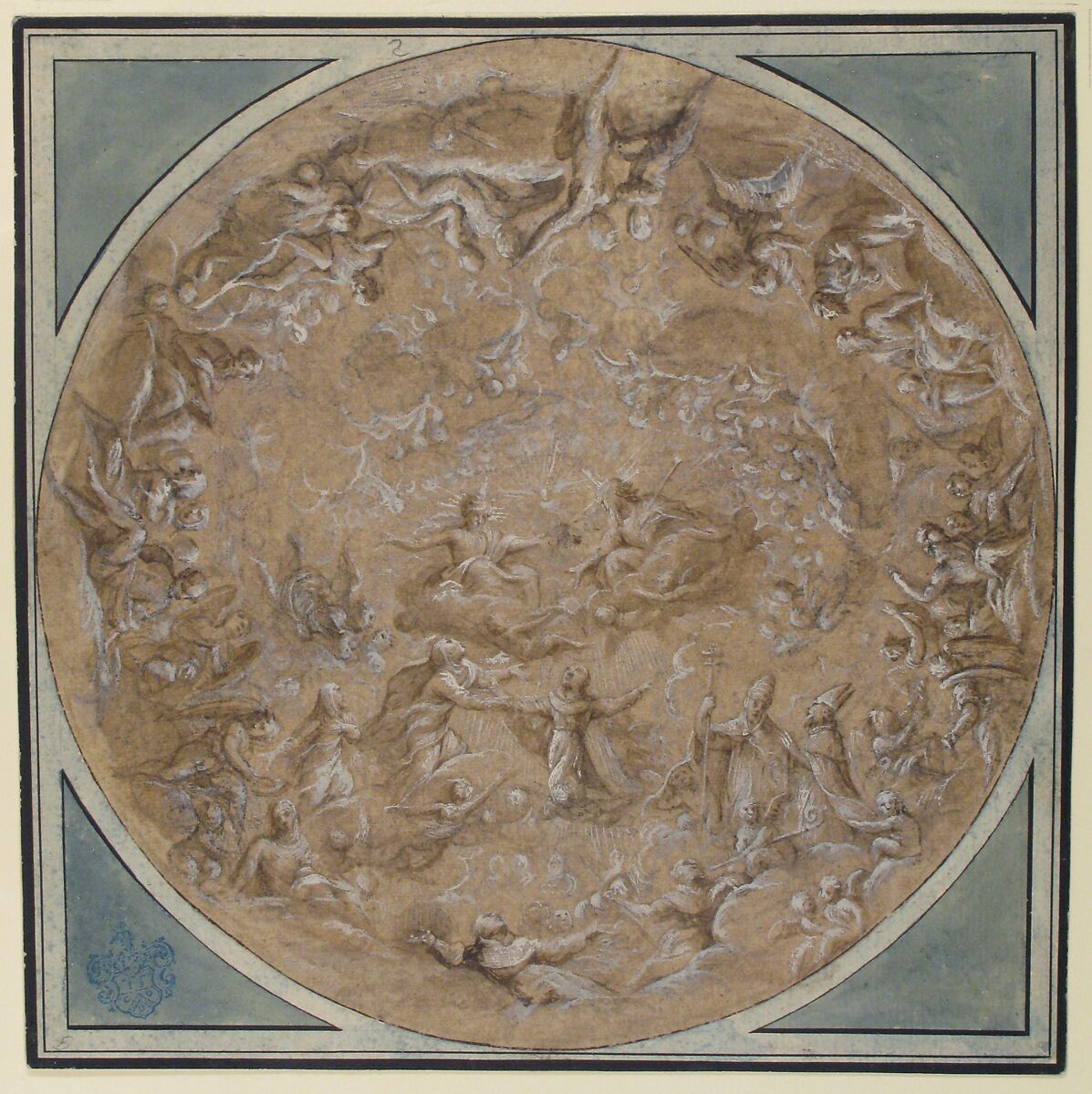 Monastic Saint Presented to the Holy Trinity by the Virgin, Study for a Circular Ceiling Decoration, attributed to Lazzaro Baldi (Italian, Pistoia 1622–1703 Rome), Brush and brown wash, highlighted with white, over black chalk, on brown-washed paper.  Lined