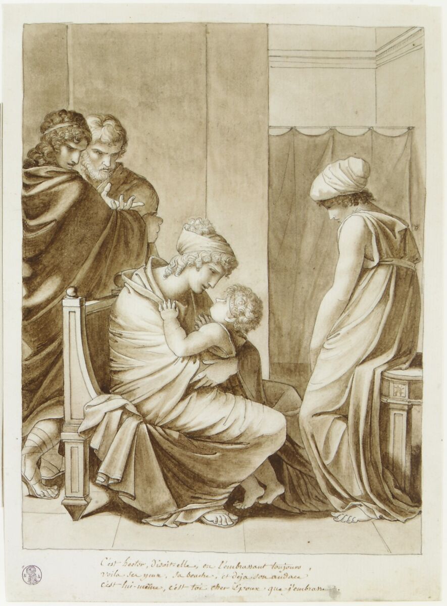 Andromache and Astyanax, Pierre Paul Prud'hon (French, Cluny 1758–1823 Paris), Pen and gray ink with brush and brown wash over traces of black chalk
