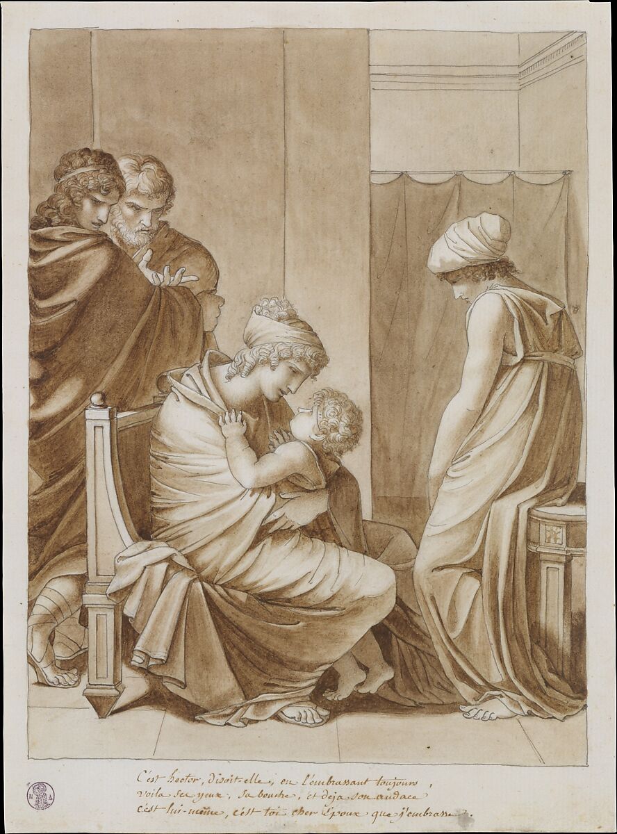 Andromache and Astyanax, Pierre Paul Prud'hon (French, Cluny 1758–1823 Paris), Pen and gray ink with brush and brown wash over traces of black chalk