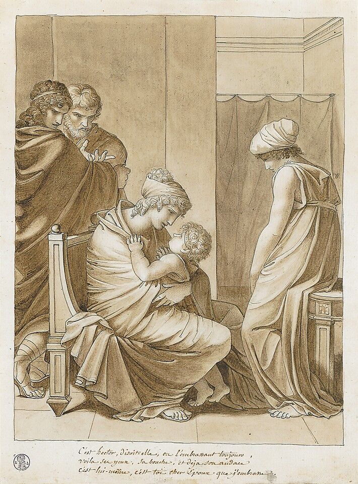 Andromache and Astyanax, Pierre Paul Prud'hon (French, Cluny 1758–1823 Paris), Pen and gray ink with brush and brown wash over traces of black chalk
