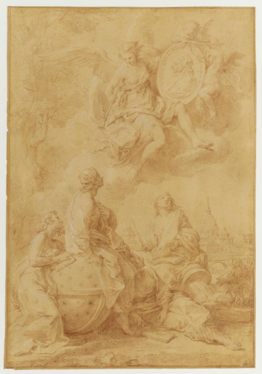 Allegory in Honor of Pope Benedict XIV, Pompeo Batoni (Italian, Lucca 1708–1787 Rome), Red chalk, highlighted with white, on beige paper