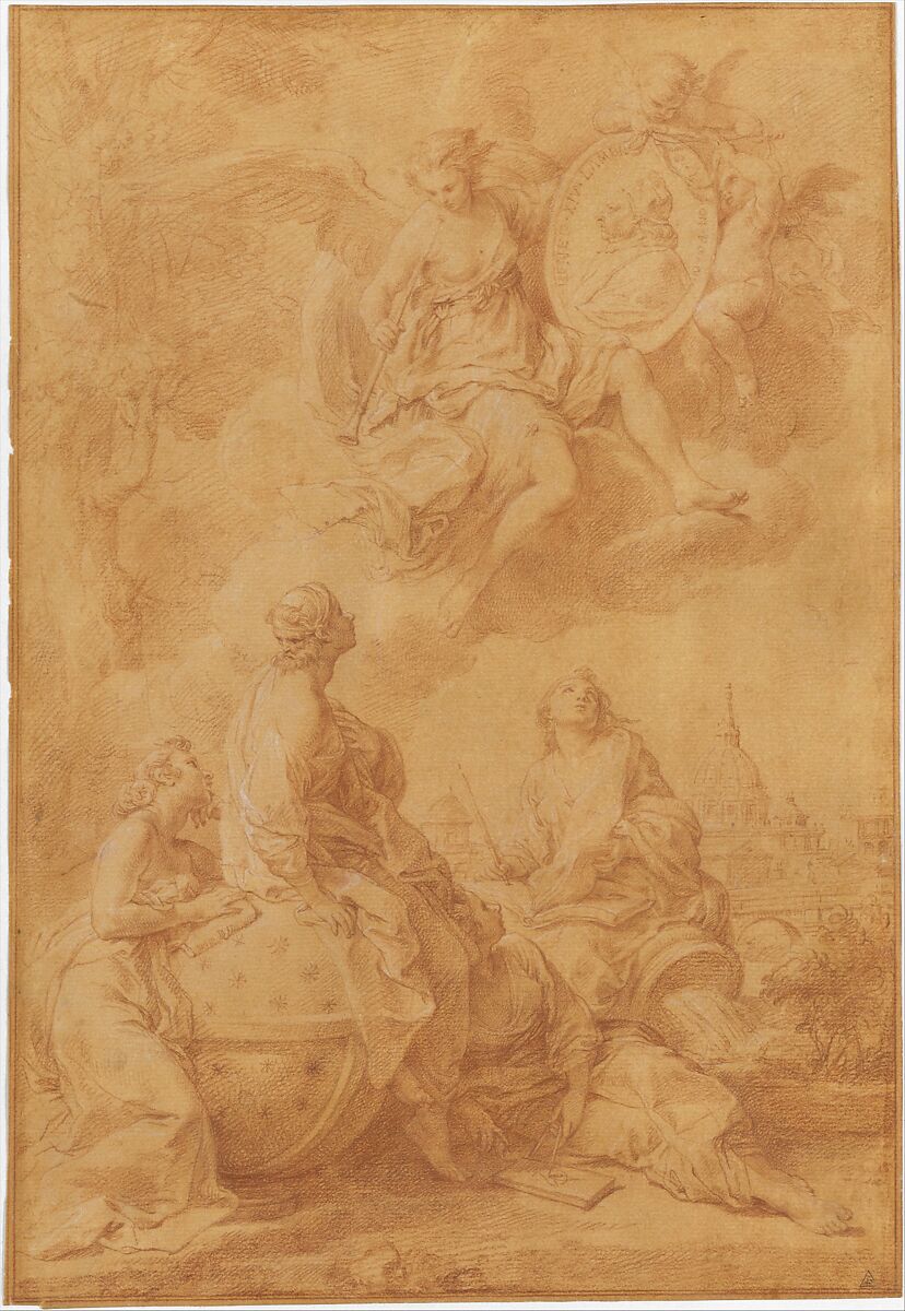 Allegory in Honor of Pope Benedict XIV, Pompeo Batoni (Italian, Lucca 1708–1787 Rome), Red chalk, highlighted with white, on beige paper