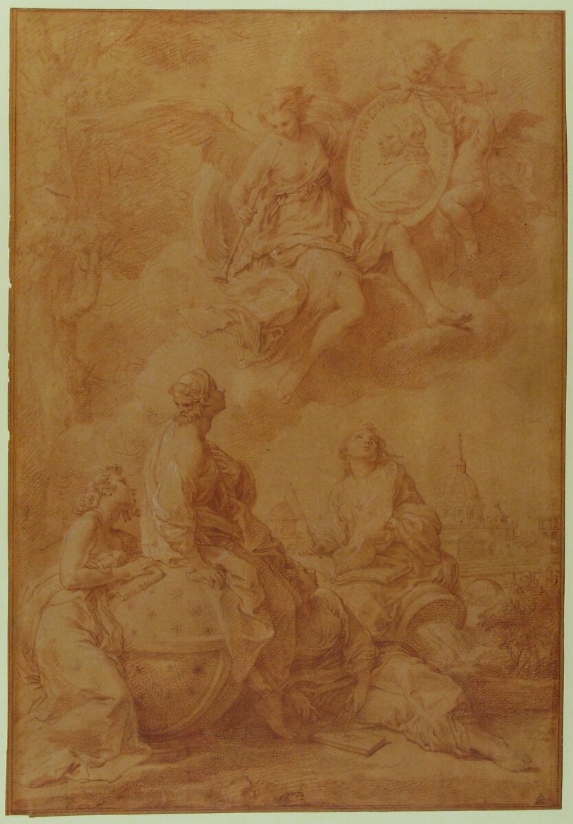 Allegory in Honor of Pope Benedict XIV, Pompeo Batoni (Italian, Lucca 1708–1787 Rome), Red chalk, highlighted with white, on beige paper