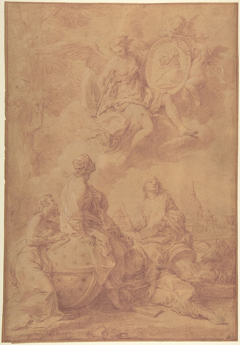 Allegory in Honor of Pope Benedict XIV, Pompeo Batoni (Italian, Lucca 1708–1787 Rome), Red chalk, highlighted with white, on beige paper 