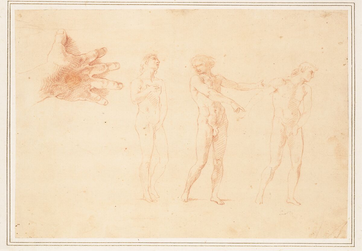 Three Nude Male Figures; Study of the Right Hand of the Figure on the Left, Pompeo Batoni (Italian, Lucca 1708–1787 Rome), Red chalk