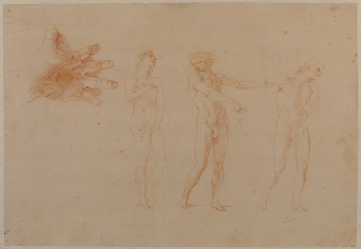 Three Nude Male Figures; Study of the Right Hand of the Figure on the Left, Pompeo Batoni (Italian, Lucca 1708–1787 Rome), Red chalk