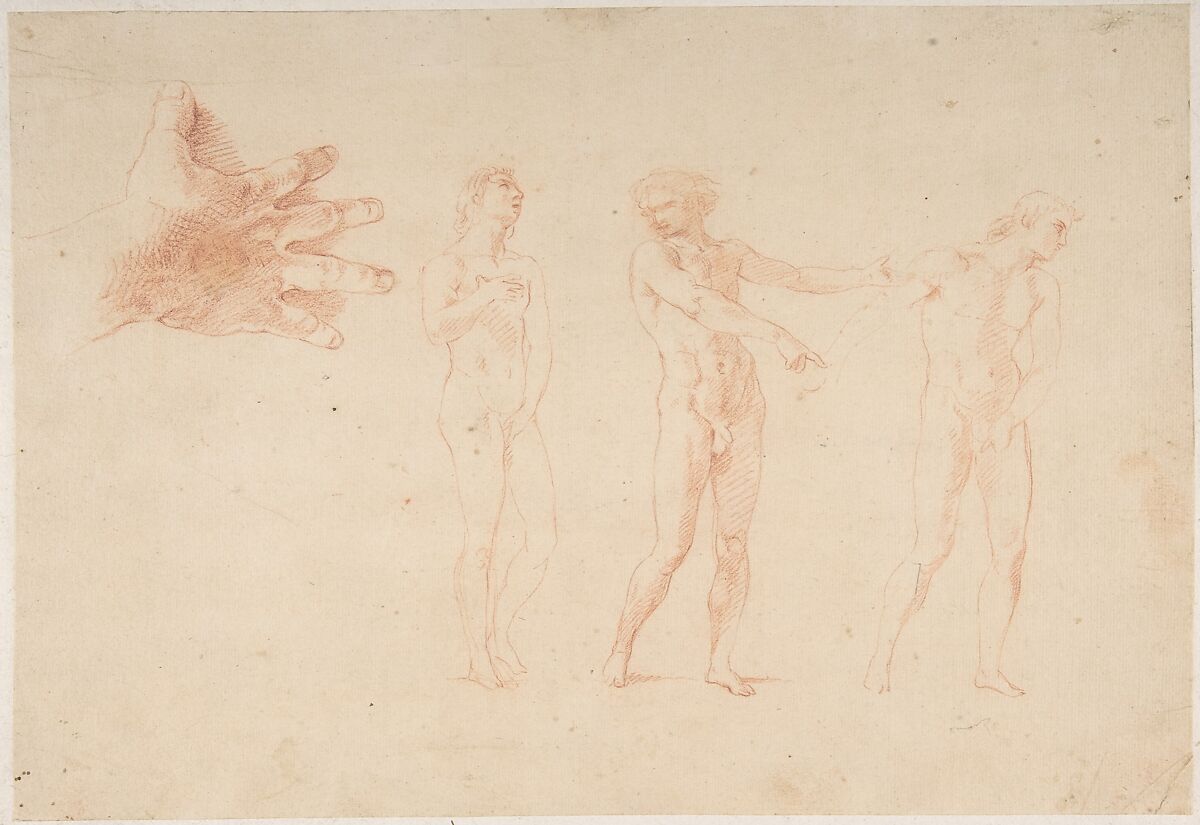 Three Nude Male Figures; Study of the Right Hand of the Figure on the Left, Pompeo Batoni (Italian, Lucca 1708–1787 Rome), Red chalk 