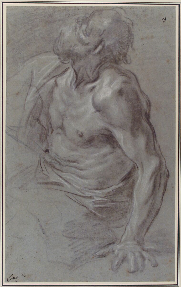 Seated Bearded Male Figure Looking to Upper Left, Giovanni Battista Beinaschi (Italian, Fossano 1636–1688 Naples), Black and brown chalk, highlighted with white, on blue-gray paper