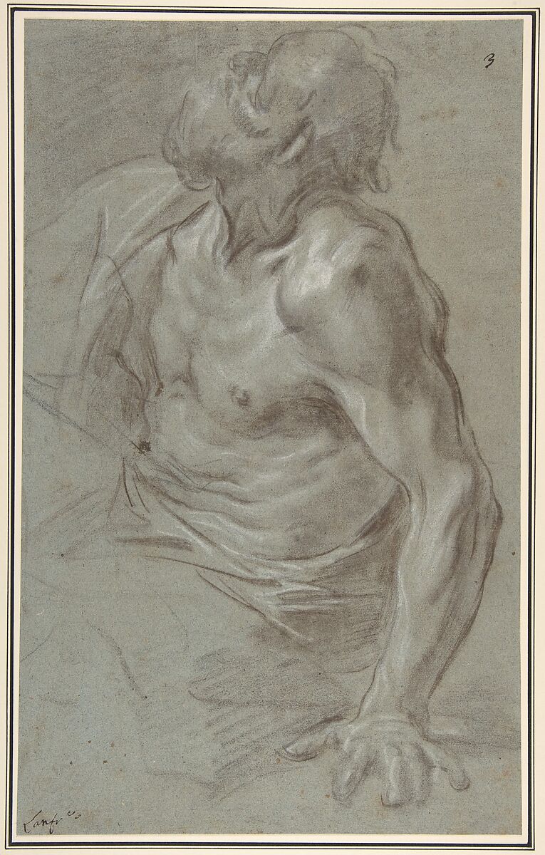 Seated Bearded Male Figure Looking to Upper Left, Giovanni Battista Beinaschi (Italian, Fossano 1636–1688 Naples), Black and brown chalk, highlighted with white, on blue-gray paper 