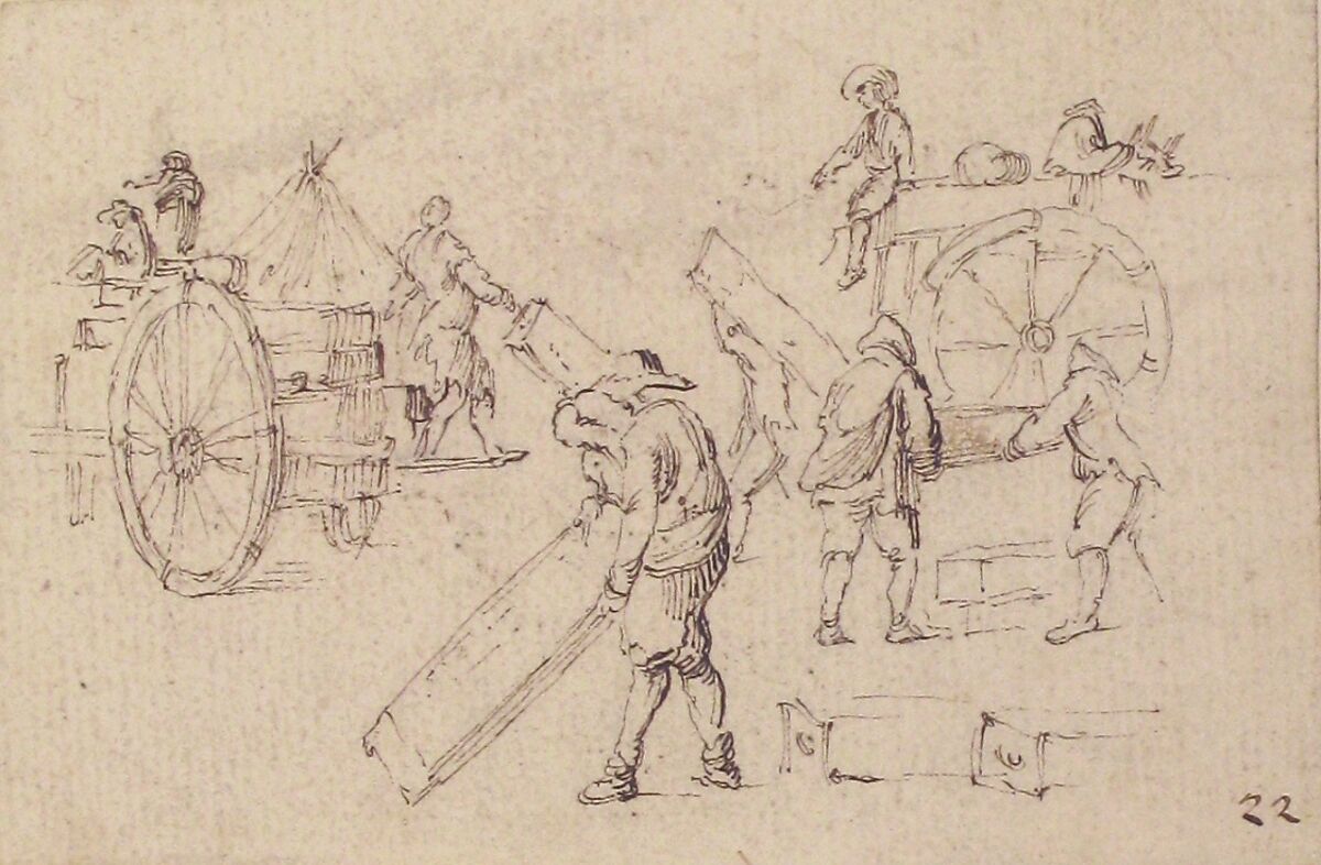 Men Loading Wagons, Stefano della Bella (Italian, Florence 1610–1664 Florence), Pen and brown ink